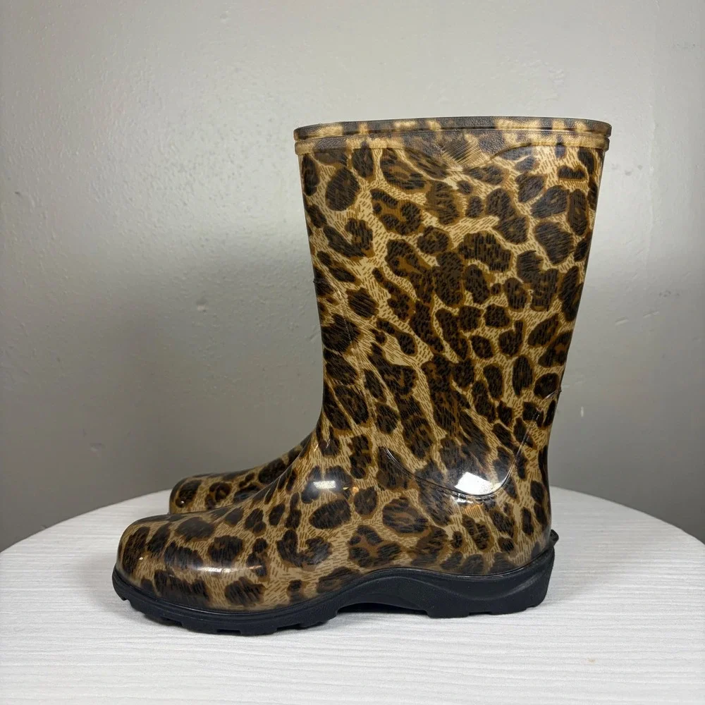 Sloggers Womens 7 Leopard Print Waterproof Rain Boots USA Made Cottage Utility